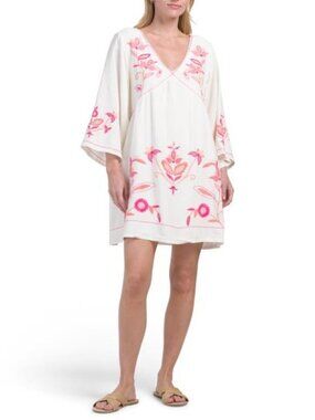 LEA Linen Blend Long Sleeve Embroidered Floral Mini Dress